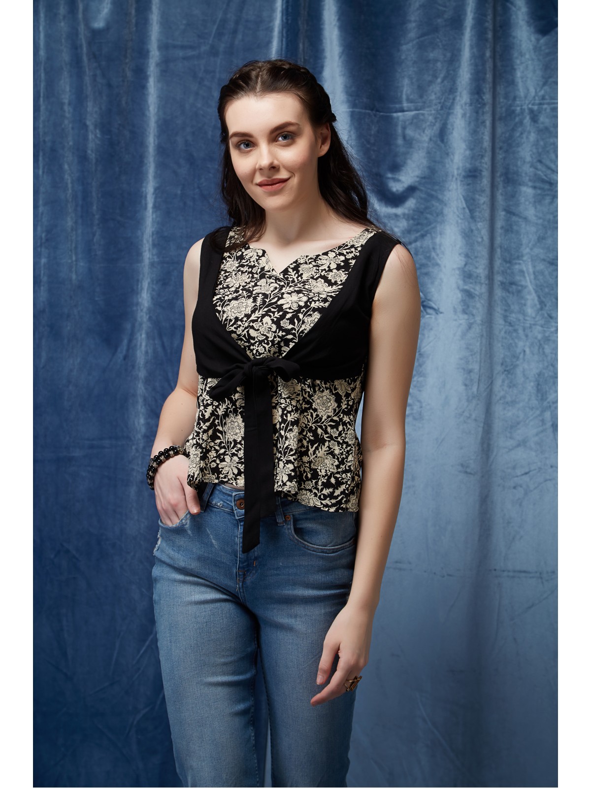 Black Floral Printed Front Tie Sleeveless Top